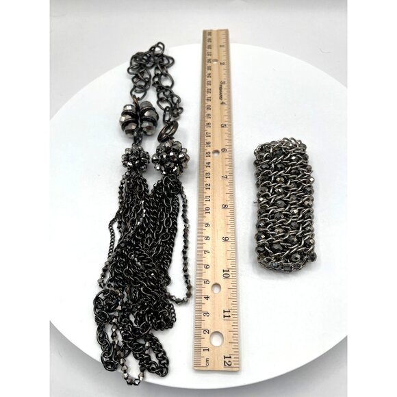 Chunky Silver-Tone Statement Necklace & Bracelet Set Unique N99 - Picture 6 of 6